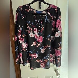 Apt. 9 Black Floral Tie-Neck Blouse - Pink & Blue Flowers
